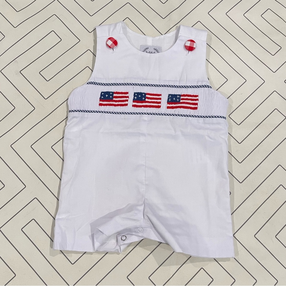 The Bella Bean White American Flag Smocked Romper